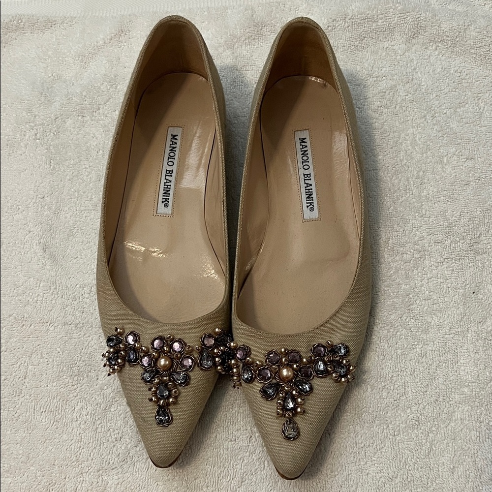 Manolo Blahnik Tan Embellished Heels
